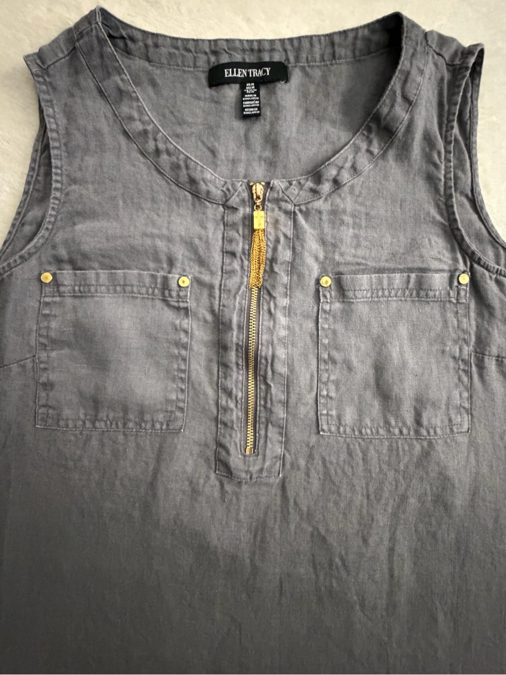 Ellen Tracy Gray Sleeveless Linen Tunic High Low Tank Top - Picture 3 of 14